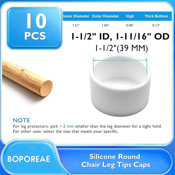10 Pcs 1-1/2" (39 mm) Round Chair Leg Tips Caps, Silicone Rubber Furniture Leg Floor Protectors, Reduce Noise Folding Metal Chair Leg Cap Replacement for Bar Stool Leg Patio Indoor, White - Image 9