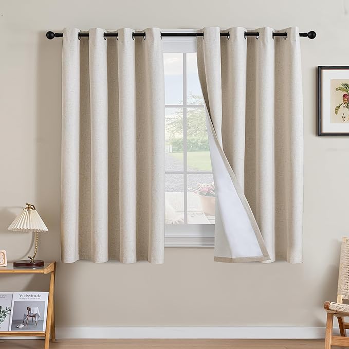 H.VERSAILTEX Linen Curtains 100% Blackout Curtains for Bedroom 54 inch Long Full Light Blocking Nature Linen Blended Window Curtains for Living Room Nickel Grommet (2 Panels, Heathered Natural) by HVERSAILTEX