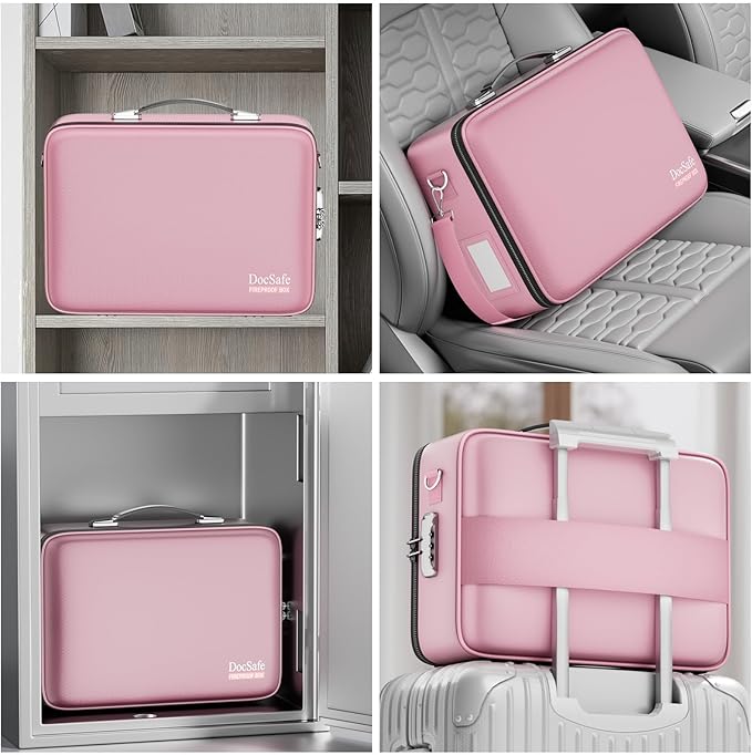 DocSafe Fireproof Document Box with Lock, Hard Case File Organizer with Accordion File Folder, Fireproof Water Resistant Safe Box Home Office Travel Storage for Important Documents Laptop Pink - Image 6