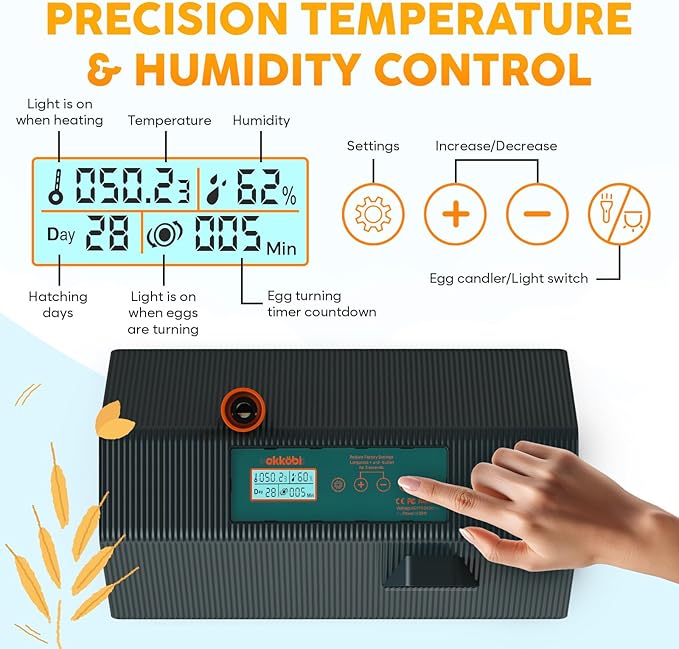 Incubator for Hatching Eggs - Ideal for All Ages - Automatic Turner and Humidity Control - Integrated Candler - 10 Eggs - Okkobi M10 - Green & Orange - Image 2
