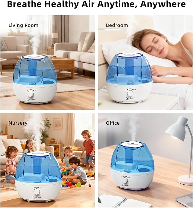 KVM Ultrasonic Cool Mist Humidifier, Quiet Air Humidifiers for Bedroom, Nursery, Office, & Indoor Plants, 360 Rotation Nozzle & 2L Water Tank & Night Light - Image 6
