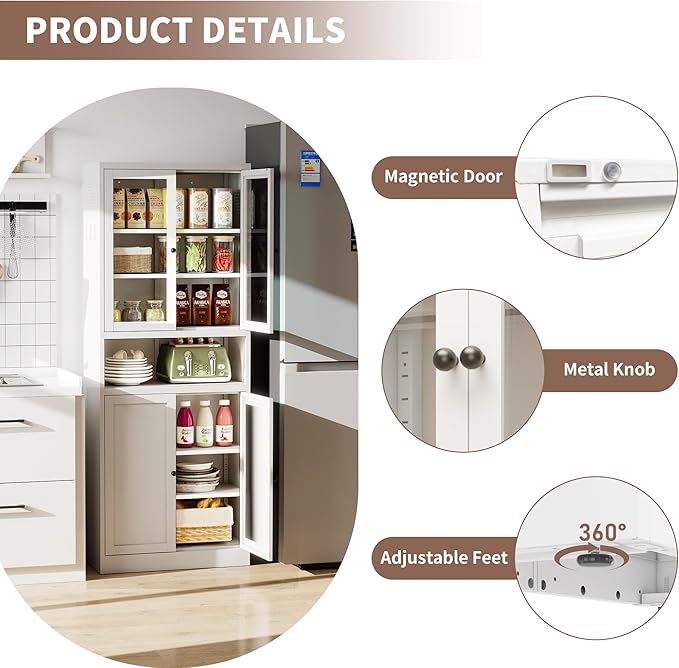 Kitchen Pantry Cabinet with Microwave Stand, 72" Tall Kitchen Hutch Storage Metal Pantry for Kitchen Dining Room Living Room Bathroom,Assembly Required (White) - Image 7