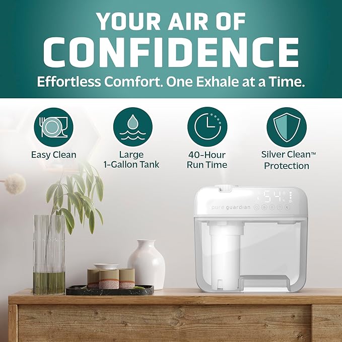 PureGuardian 1 Gallon, Cool Mist Ultrasonic Humidifier, 48-Hour Run Time, Coves 410 Sq. Ft., Humidistat, Timer, Filter Free for Bedrooms, Offices, Home, White, H1050W - Image 2