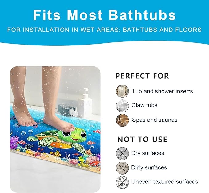 XIYUNTE Baby Bath Mat for Tub Non Slip Kids Bath Mat - 40''x16'' Extra Long Cartoon Turtle Baby Bath Tub Mat Eco-Friendly Toddler Bath Mats with Suction Cups & Drain Holes, Easy to Clean & Easy Drying - Image 6