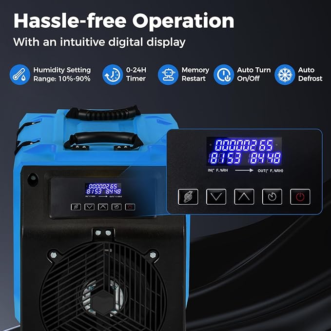 COSTWAY 190 PPD Commercial Dehumidifier with Pump, Rotational Molded Crawl Space Dehumidifier with 26Ft Drain Hose for Water Damage Restoration, Basement (Blue) - Image 5