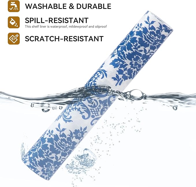 RAY STAR Shelf Liner, 12 Inch x 10 Feet Non Adhesive Vintage Navy Blue Floral Kitchen Cabinet Liner for Pantry Drawer Vanity, Strong Grip Non Slip, Shelf Liners for Kitchen Cabinets Cupboard - Image 2