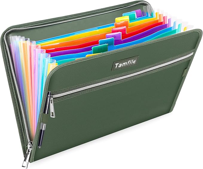 Fireproof Safe Accordion File Organizer Bag Folder,Waterproof Expanding Filing Folder with 14 Pockets, A4 Letter Size, Document Organizer Holder and Color Labels /2 Zipper (Green 14.3" x 9.8") by Tamfile