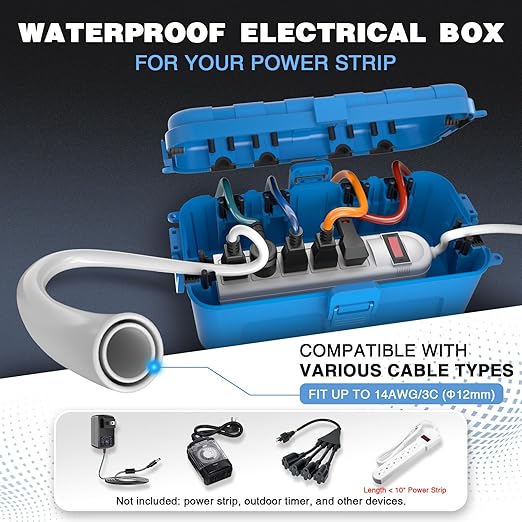 Flemoon Medium Outdoor Electrical Box (11.5x5.2x4 inch), IP54 Waterproof Extension Cord Cover w/6 Cable Entry Ports, Weatherproof Connection Box for Power Strip, Timer, Plug, Holiday Lights, Blue - Image 2