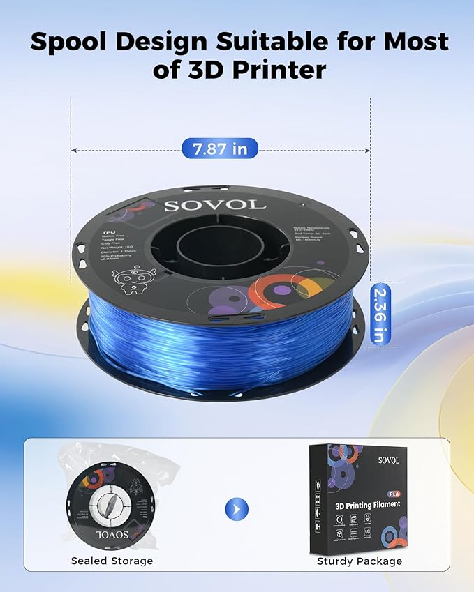 Sovol TPU Filament 1.75mm, 95A Soft TPU Flexible 3D Printer Filament with High Elasticity, 1kg (2.2lbs), Dimensional Accuracy +/- 0.03 mm, Fit Most FDM Printer, Clear Blue - Image 7