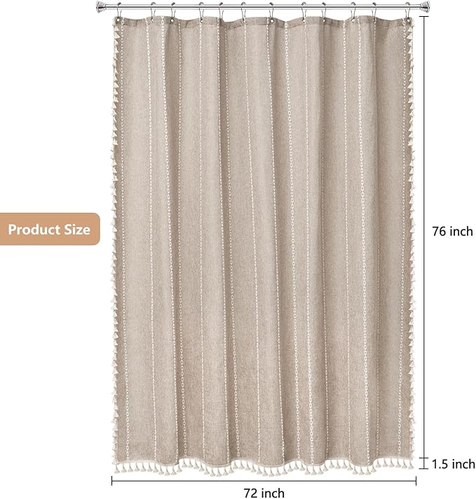 Boho Farmhouse Shower Curtain Heavyweight with Tassels, 72 x 76 Inch Extra Long Taupe Linen Textured Fabric Shower Curtain for Bathroom, Tan and White Striped Bath Décor Curtain Water Repellent - Image 7
