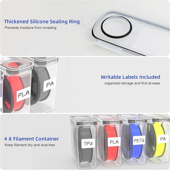 Filament Storage Box - 4 Pack 3D Printing Filament Container with Thick Silicone Seal, Dust-Proof Reusable Organizer with Writable Labels for 1.75mm PLA, ABS, PETG, TPU, PA (9.05"×8"×3") - Image 2