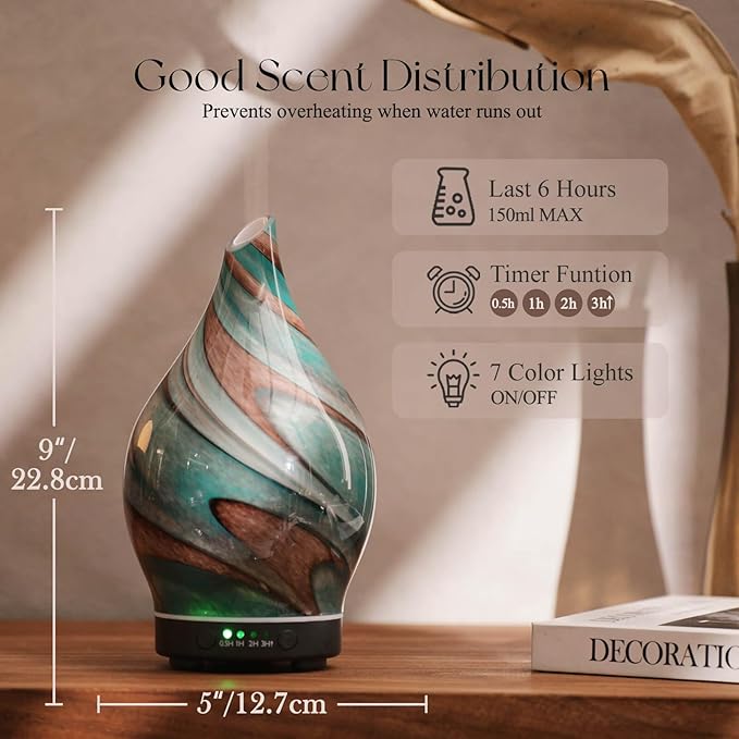Porseme 150ml Essential Oil Diffuser Glass Color Changing Aroma Air Diffusers Aromatherapy Ultrasonic Cool Mist Humidifier 4 Running Hours Waterless Auto-Off for Sleeping Yoga Office Spa (Teal Green) - Image 3