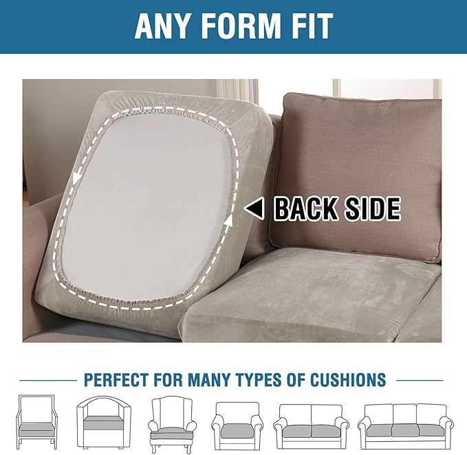 H.VERSAILTEX Velvet Stretch Couch Cushion Cover Plush Cushion Slipcover for Chair Loveseat Sofa Cushion Furniture Protector Seat Cushion Sofa Cover (3 Piece XL Sofa Cushion Covers, Oatmeal) - Image 5