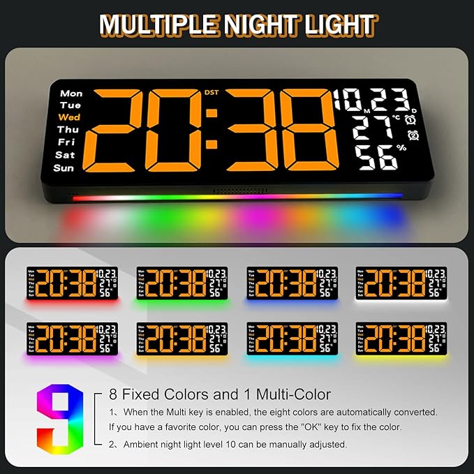 JoFomp 17.3" Large Digital Wall Clock, LED Digital Clock Large Display with Remote Control, Alarm Clock with Temp/DST/Dimmer/Humidity/Timer/Ambient Light - 12/24H, Alarm Wall Clock for Bedroom - Image 3
