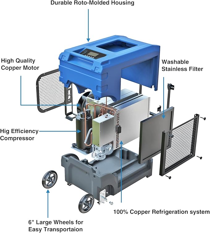 Mounto MOUNTO 268Pints LGR Commercial Compact Dehumidifier with Pump and Drain Hose, LGR Portable Dehumidifier with wheels for Home, Basements, Garages, and Job Sites (Blue) - Image 8