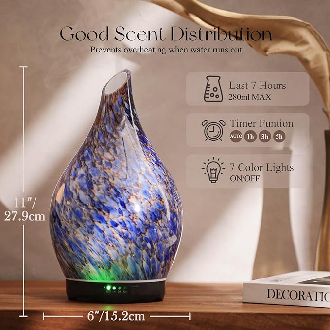 Porseme 280ml Essential Oil Diffuser Glass Color Changing Aroma Air Diffusers Aromatherapy Ultrasonic Cool Mist Humidifier 7 Running Hours Waterless Auto-Off for Sleeping, Yoga, Office (Deep Blue) - Image 3