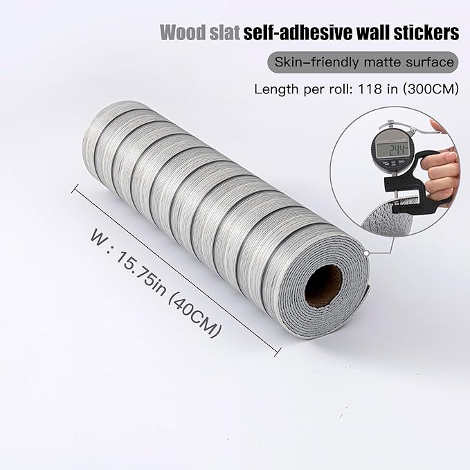 Peel and Stick PVC Slat Wall Panels, Wood Grain Self-Adhesive Soundproof Moisture-Resistant Paneling, 3D Faux Wood Panels for Bedroom Bathroom Walls & Ceilings 118"x15.75"(Gray,13Sq.ft) - Image 4