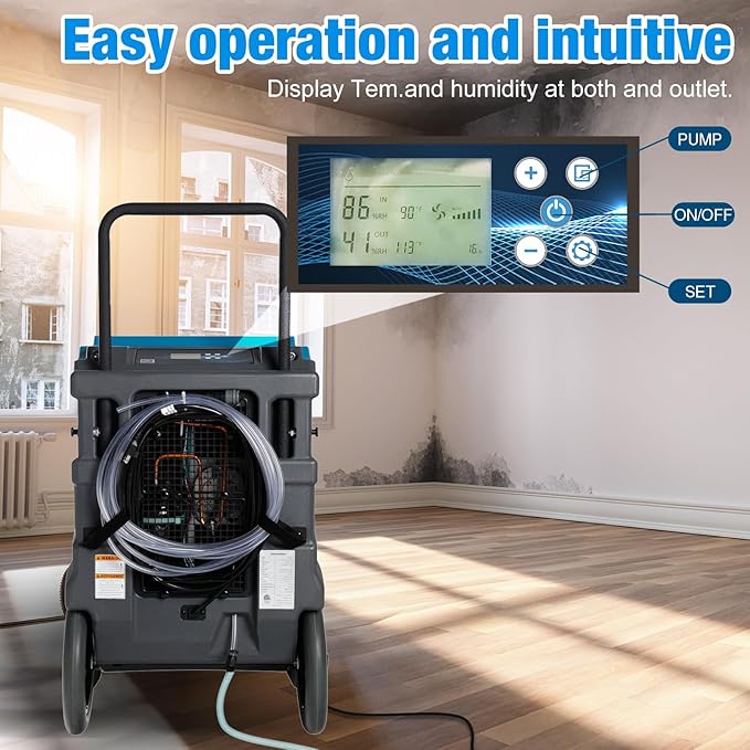 MOUNTO 310 Pints LGR Commercial Dehumidifier with Built-In Pump and Drain Hose – Portable, Heavy-Duty Dehumidifier with Wheels for Basements, Garages, Home, and Job Sites (Blue) - Image 5