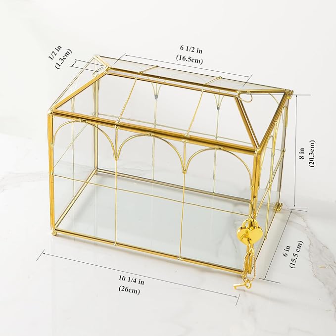 Glass Wedding Card Box with Slot, 10.2'' Large Clear Card Box Gold Brass Gift Card Storage Box with Lock Perfect for Wedding Receptions, Baby Shower, Birthday Party, Bridal Shower - Image 6