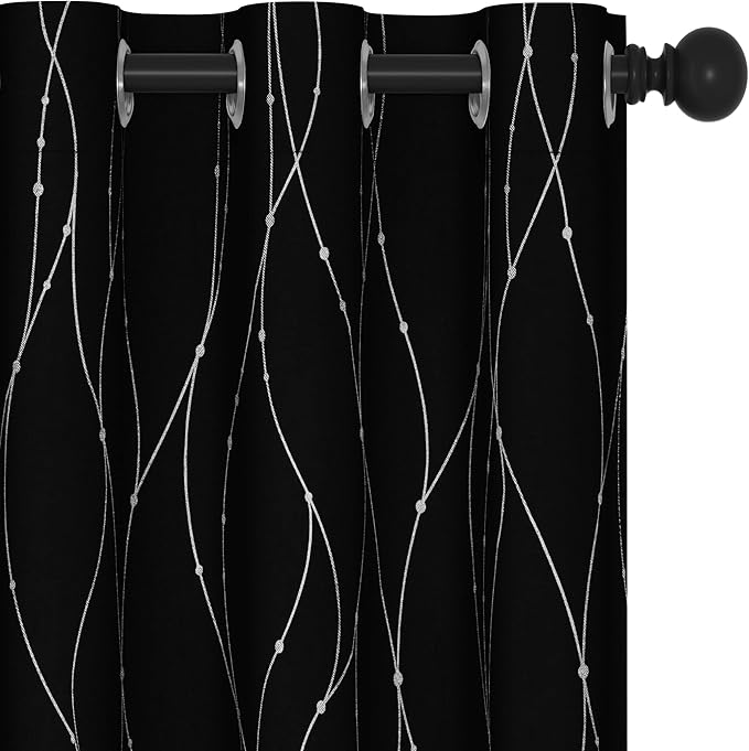 Deconovo Blackout Curtains for Bedroom, 72 Inch Length - Room Darkening Curtains, Window Grommet Curtains, Wave Line and Dots Pattern (W38 X L72, Black, Set of 2) by Deconovo