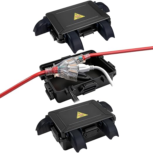 Small Outdoor Electrical Box,Waterproof Extension Cord Cover(Inner 7.3 * 5.1 * 1.6 inch) Weatherproof Connection Box w/4 Cable Entry Protect for Plug,Connector,Festive Light (2 PCS, Black) by DIQMIAQ