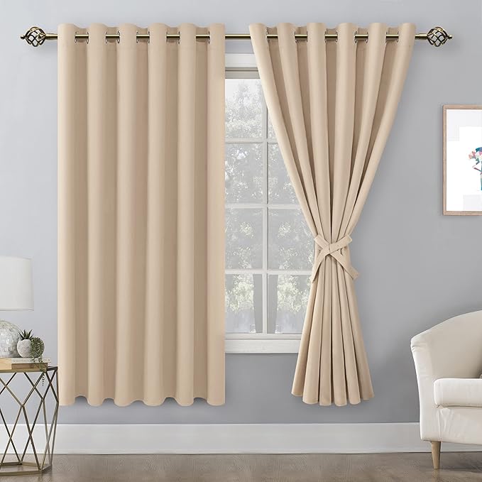 Hiasan Grommet Blackout Curtains for Bedroom, 70 x 63 Inches - Thermal Insulated & Light Blocking Window Drapes for Living Room/Dorm Room, Set of 2 Panels Sewn with Tiebacks, Beige - Image 2