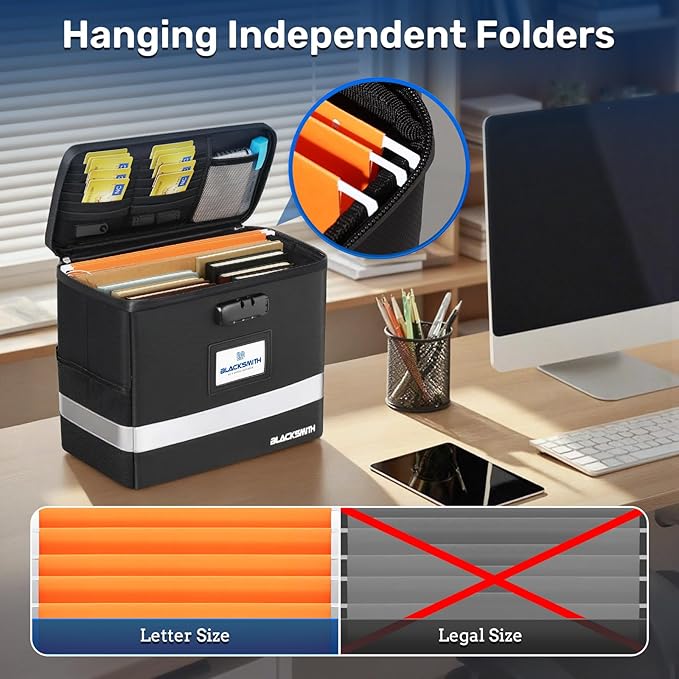 BlackSmith Fireproof Document Box With Lock, 4200°F Heat Resistant & IPX3 Waterproof Document Bag with Hanging File Organizer for Letter Size, Collapsible Portable File Safe Box for Office, Travel - Image 5