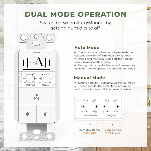 Akicon Humidity Sensor Switch with Motion-Activated Wall Plate, Bathroom Fan Timer Switch for Ventilation, Adjustable Humidity Settings, Fan and Light Control, ETL Listed, White - Image 3