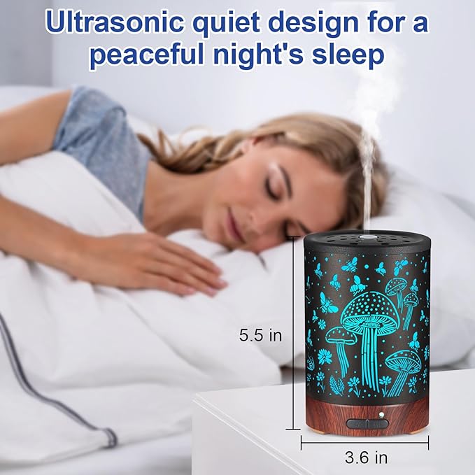 Essential Oil Diffuser- Aromatherapy Diffuser with7 Colors Light and Auto-Off for Women Metal Cool Mist Humidifier for Home and Office for Mom Women（Mushroom + Bee） - Image 4