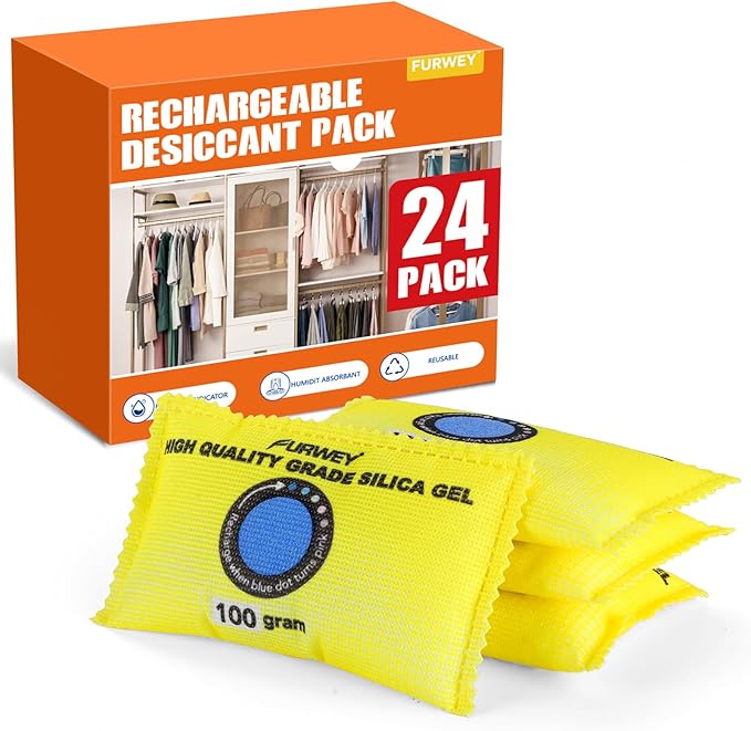 100g (24 Packs) Rechargeable Desiccant Packs for Storage, Color Indicating Silica Gel Desiccant Packets, Moisture absorbers for storage,Dehumidifier bag for Closets,Cars,Storage Bins by FURWEY