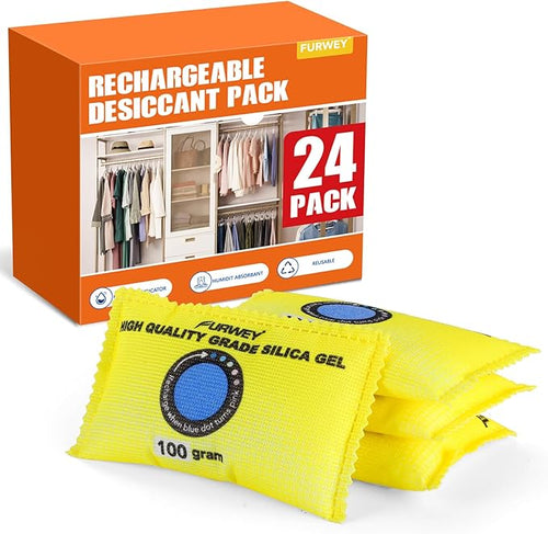 100g (24 Packs) Rechargeable Desiccant Packs for Storage, Color Indicating Silica Gel Desiccant Packets, Moisture absorbers for storage,Dehumidifier bag for Closets,Cars,Storage Bins by FURWEY