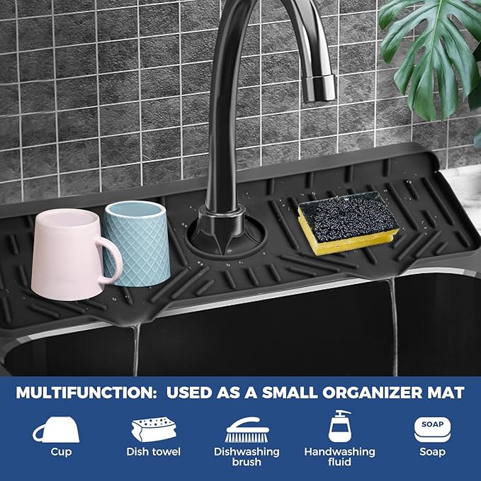 BFONS XL Silicone Faucet Handle Drip Catcher Tray, 18.1in x 5.7in x 0.79in, Black - Image 3