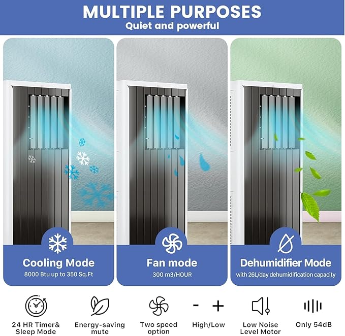 8000 BTUs Portable Air Conditioner with Efficient Cooling, Quiet Portable Cooling AC Up to 350 Sq.Ft. with Dehumidifier, Fan, Sleep Modes, 3-in-1 AC Unit with 24H Timer, Black & White Cover - Image 2