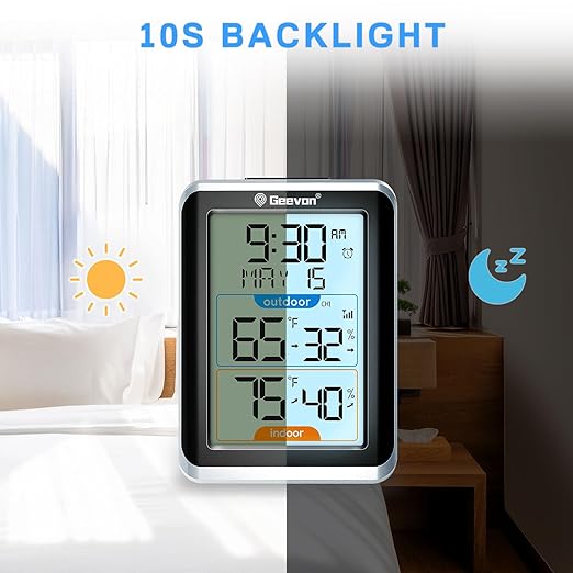 Geevon Wireless Indoor/Outdoor Thermometer & Hygrometer, Digital Temperature & Humidity Sensor with Time, Clock, 200ft/60m Range, 3.8‘’ Large Display - Image 3