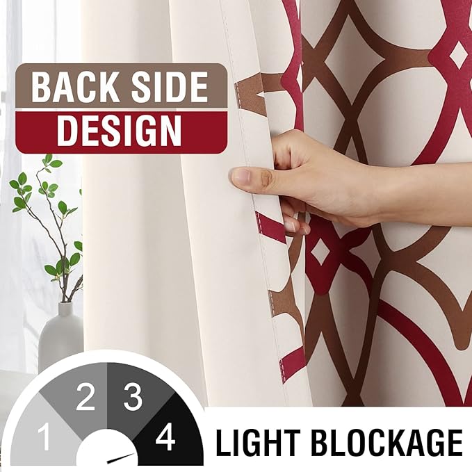 H.VERSAILTEX Printed Design Blackout Curtains for Bedroom 96 Inch Length Thermal Insulated Curtains for Bedroom Living Room Modern Grommet Window Drapes 2 Panels Set, Taupe and Red - Image 3