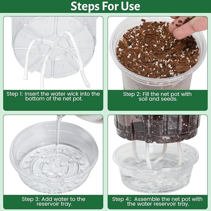 12 Pack 6.5 Inch Clear Self Watering Plant Pots with Bottom Water Tray & Watering Rope, Transparent Nursery Pots with Drainage for Seedlings, Herbs, and Houseplants - Image 3
