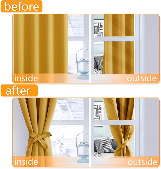 Hiasan Blackout Curtains for Bedroom, 52 x 84 Inches Long - Thermal Insulated & Light Blocking Window Curtains for Living Room, 2 Drape Panels Sewn with Tiebacks, Mustard Yellow - Image 5