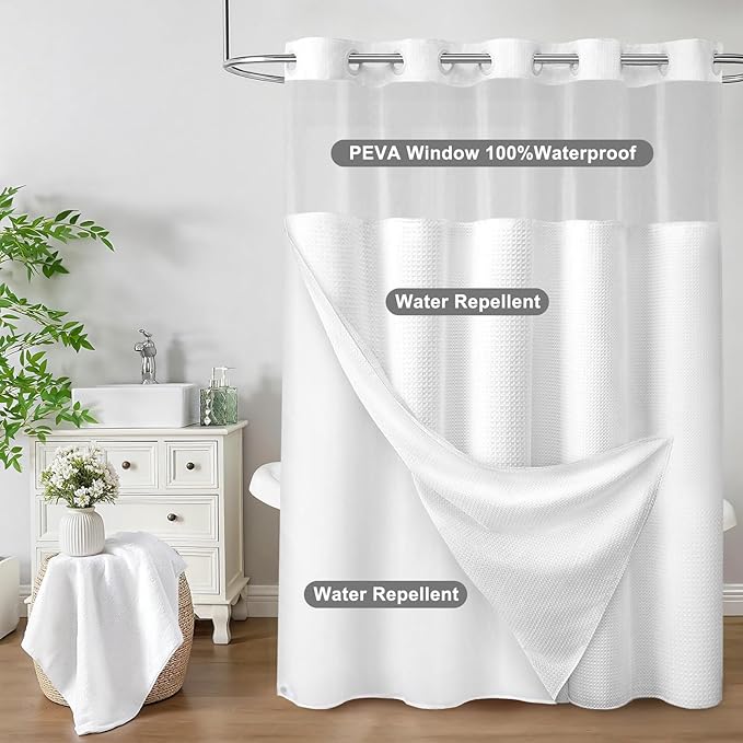 No Hook Shower Curtain with Fabric Liner White Hotel Waffle 75" L x 72" W,PEVA Frosted Window - Image 6