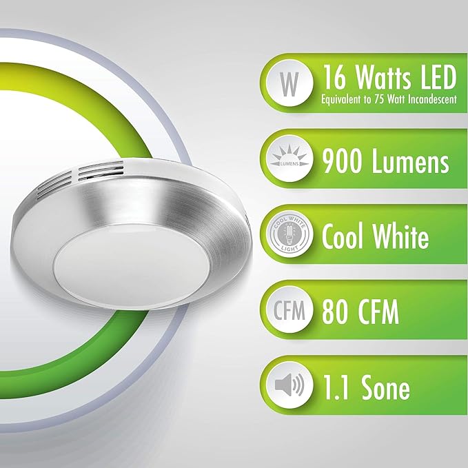 Homewerks 7117-01-BN Bathroom Integrated LED Light Ceiling Mount Exhaust Ventilation 1.1 Sones 80 CFM, Bath Fan Brushed Nickel - Image 8