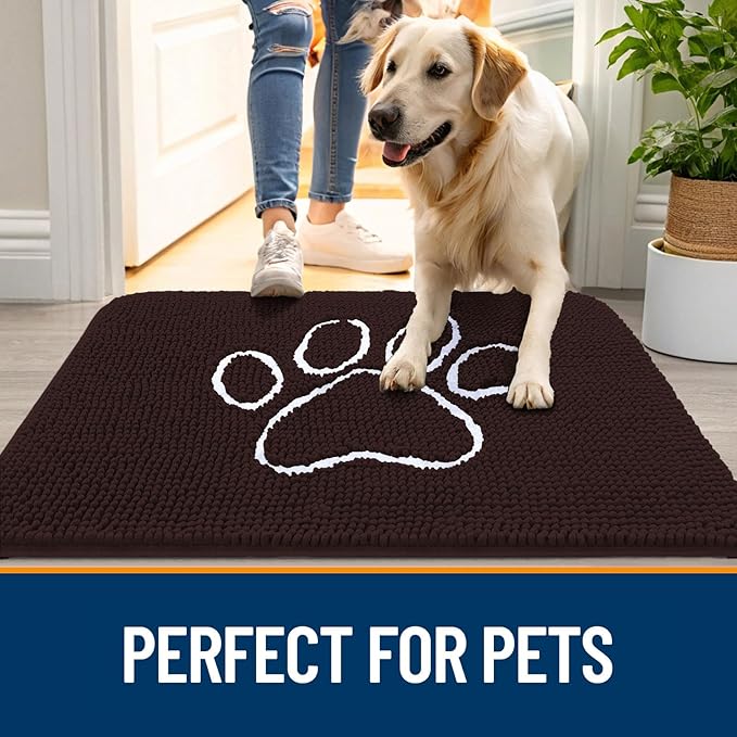 OLANLY Dog Door Mat for Muddy Paws 54x24, Paw Print Design, Absorbs Moisture and Dirt, Absorbent Non-Slip Washable Doormat, Quick Dry Chenille Mud Mat for Dogs, Entry Indoor Entryway Carpet, Brown - Image 6
