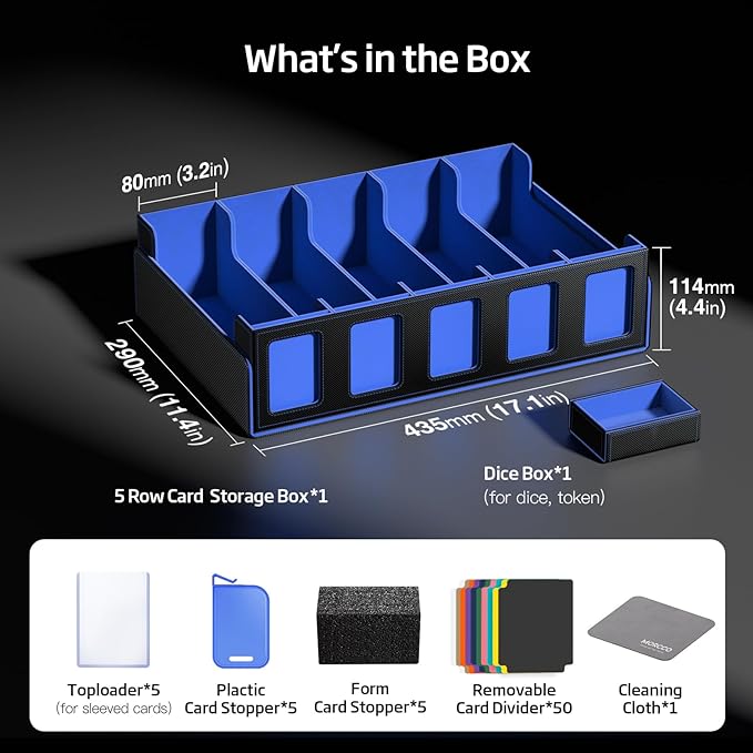 Trading Card Storage Box 5-Row 3900+ Capacity,TCG MTG Card Case with Magnetic Lid & Commander Display,Top Loader Storage for Sports Cards,Includes Dividers Dice Box（Black＆Blue） - Image 2