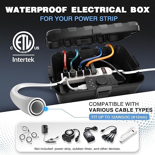 Flemoon Large Outdoor Electrical Box (12.5 x 8.5 x 5 inch), IP54 Waterproof Extension Cord Cover Weatherproof, Protect Outlet, Plug, Socket, Timer, Power Strip, Holiday Light Decoration, Black - Image 2