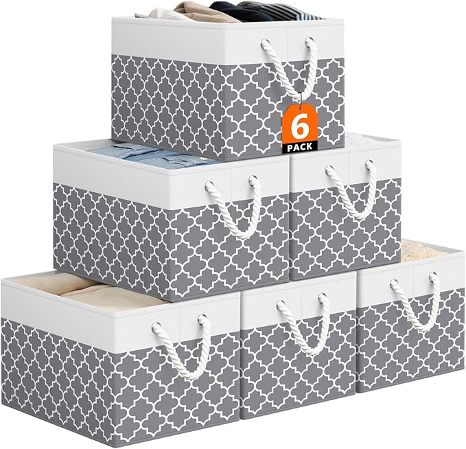 Storage Bin,Collapsible Storage Basket For Organizing,Large Storage Boxes With Rope Handles,Storage Containers,Clover Grey,6 Pack by StorageTastic