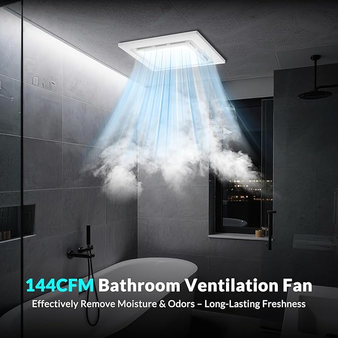 TEPU Bathroom Exhaust Fan with Light 144 CFM, 11.8In Grille, Cutout Size 9.8" x 9.8", Duct 4 Inch, 1.0 Sone Quiet Bath Ceiling Vent Fan Combo with 6500K 1200LM LED Light, for Bathroom, Laundry, Shower - Image 2