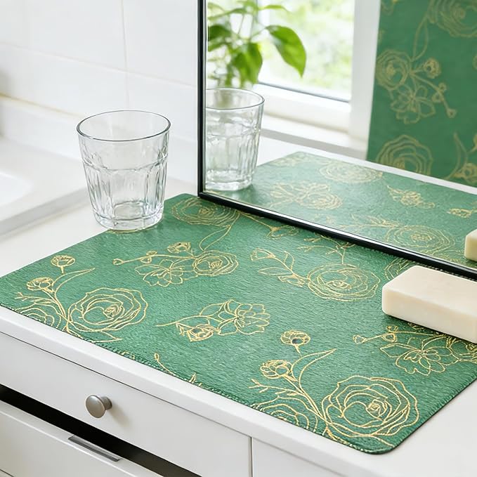 Shelf Liner for Kitchen Cabinets Drawer Liner Non-Adhesive Non-Slip Thickened Shelf Liner Paper Easy to Clean with Green Background Gold Floral Line Pattern for Tool Box Refrigerator.12×236.2 inches - Image 7