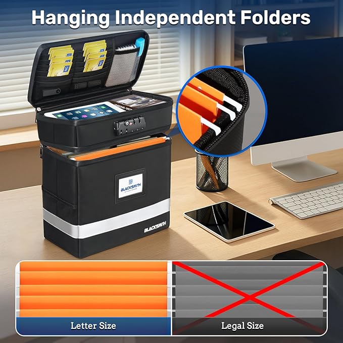 BlackSmith Fireproof Document Box With Lock, 4200°F Heat Resistant & IPX3 Waterproof 2 Layer Document Bag with Hanging File Organizer for Letter Size, Portable File Safe Box for Office, Travel - Image 5