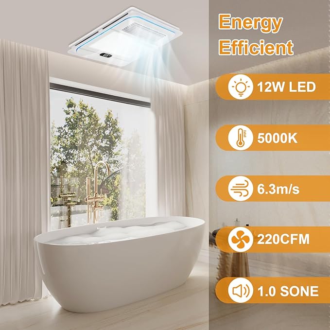 13.8 IN Bathroom Exhaust Fan with Light and Heater 1800W, 4 in 1 220 CFM Bathroom Exhaust Fan with Heater, 12W LED Light, Metal Housing 1.0 Sone with Heating, Ventilation, Remote Control - Image 6