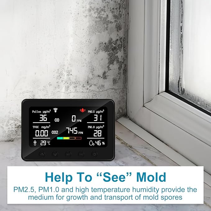 CF-30 Smart WiFi Air Quality Monitor, 15-in-1 Indoor IAQ Monitor with CO2, PM2.5, PM1.0, Pollen, TVOC & Carbon Monoxide, App Data Logger, Adjustable Alarm & Backlight for Home Office Bedroom - Image 4