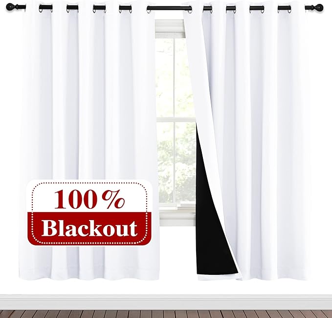 NICETOWN 100% Blackout Window Curtain Panels, Full Light Blocking Drapes with Black Liner for Nursery, 72-inch Drop Thermal Insulated Draperies (White, 2 Pieces, 70-inch Wide Per Panel) - Image 2