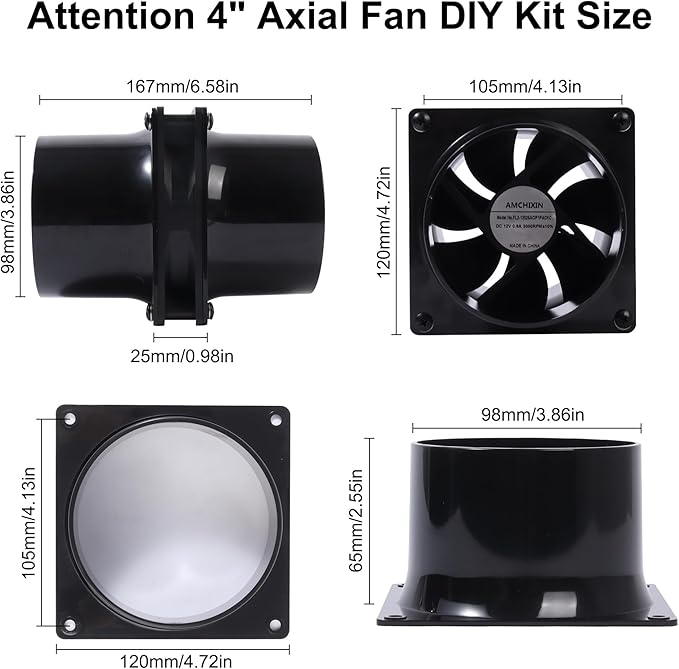 4.72" 12V Exhaust Duct Fan Kits with 4" Dual Duct Flanges Adapters Variable Speed Controller Small Inline Smoke Extractor Fan for DIY 3D Printer Enclosure Laser Engraver Soldering Small Grow Tents - Image 2